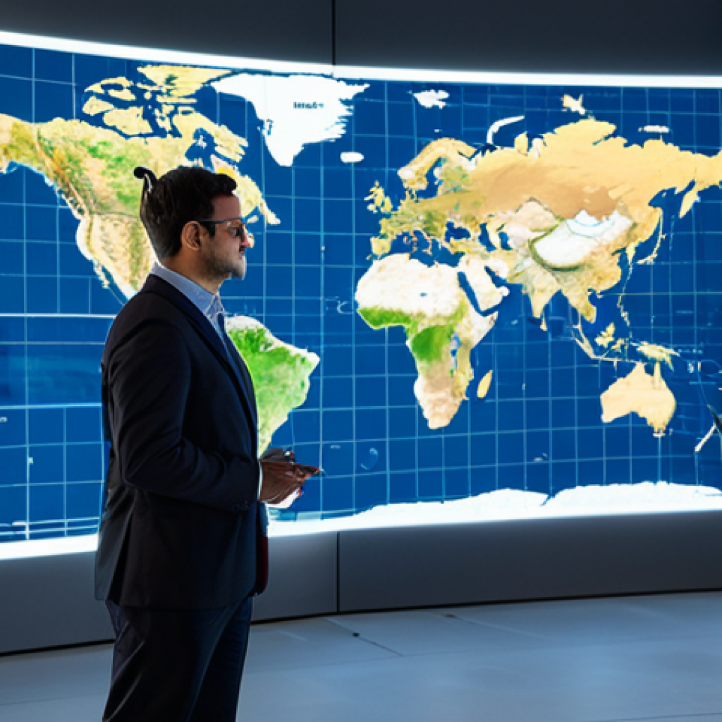 A diverse team of professional business analysts, fully clothed in modest business suits and professional dress, collaboratively interacting with a large, interactive holographic world map in a modern, high-tech global logistics control room. The holographic display shows real-time data streams, interconnected global trade routes, and predictive analytics visualizations, highlighting efficient supply chain operations. The environment is brightly lit with diffused light, featuring a clean, minimalist design. safe for work, appropriate content, perfect anatomy, correct proportions, natural pose, well-formed hands, proper finger count, natural body proportions, professional photography, high quality.