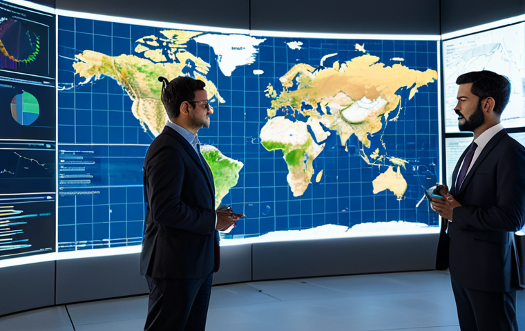 A diverse team of professional business analysts, fully clothed in modest business suits and professional dress, collaboratively interacting with a large, interactive holographic world map in a modern, high-tech global logistics control room. The holographic display shows real-time data streams, interconnected global trade routes, and predictive analytics visualizations, highlighting efficient supply chain operations. The environment is brightly lit with diffused light, featuring a clean, minimalist design. safe for work, appropriate content, perfect anatomy, correct proportions, natural pose, well-formed hands, proper finger count, natural body proportions, professional photography, high quality.
