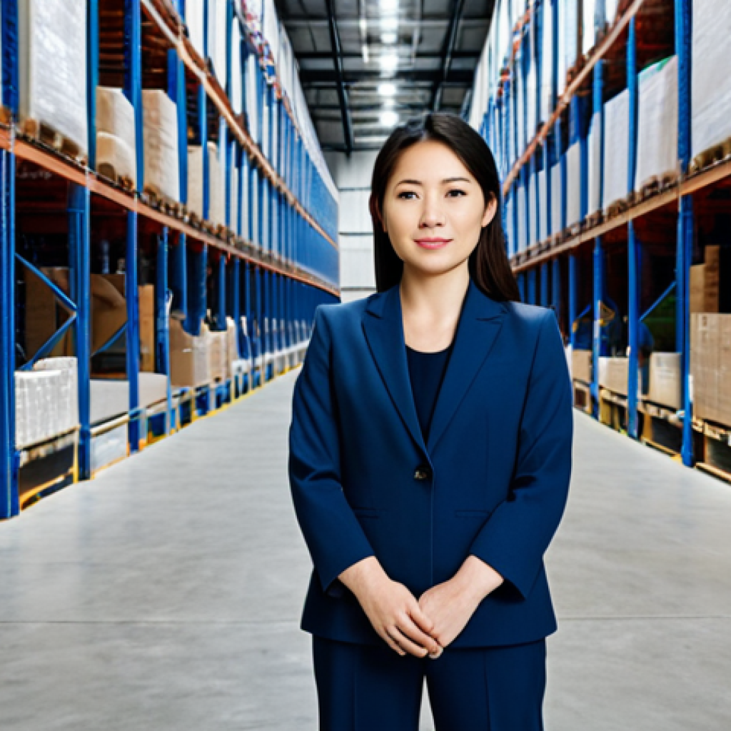 **

A professional Asian woman in a modest business suit, standing in a modern logistics warehouse, fully clothed, appropriate attire, safe for work, perfect anatomy, natural proportions, professional photography, high quality, family-friendly.

**