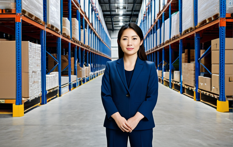 **

A professional Asian woman in a modest business suit, standing in a modern logistics warehouse, fully clothed, appropriate attire, safe for work, perfect anatomy, natural proportions, professional photography, high quality, family-friendly.

**