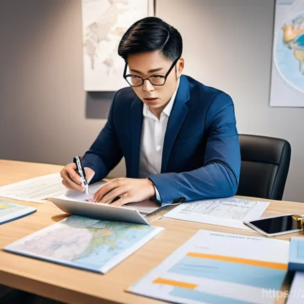 국제물류관리사 업무 일기 작성법 - **Prompt:** A focused international logistics manager, of East Asian descent, sits at a contemporary...