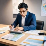 국제물류관리사 업무 일기 작성법 - **Prompt:** A focused international logistics manager, of East Asian descent, sits at a contemporary...