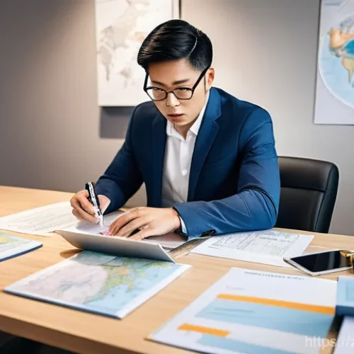 국제물류관리사 업무 일기 작성법 - **Prompt:** A focused international logistics manager, of East Asian descent, sits at a contemporary...