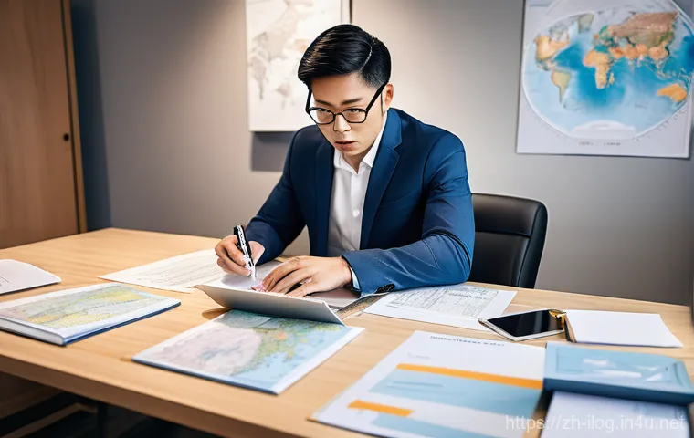 국제물류관리사 업무 일기 작성법 - **Prompt:** A focused international logistics manager, of East Asian descent, sits at a contemporary...